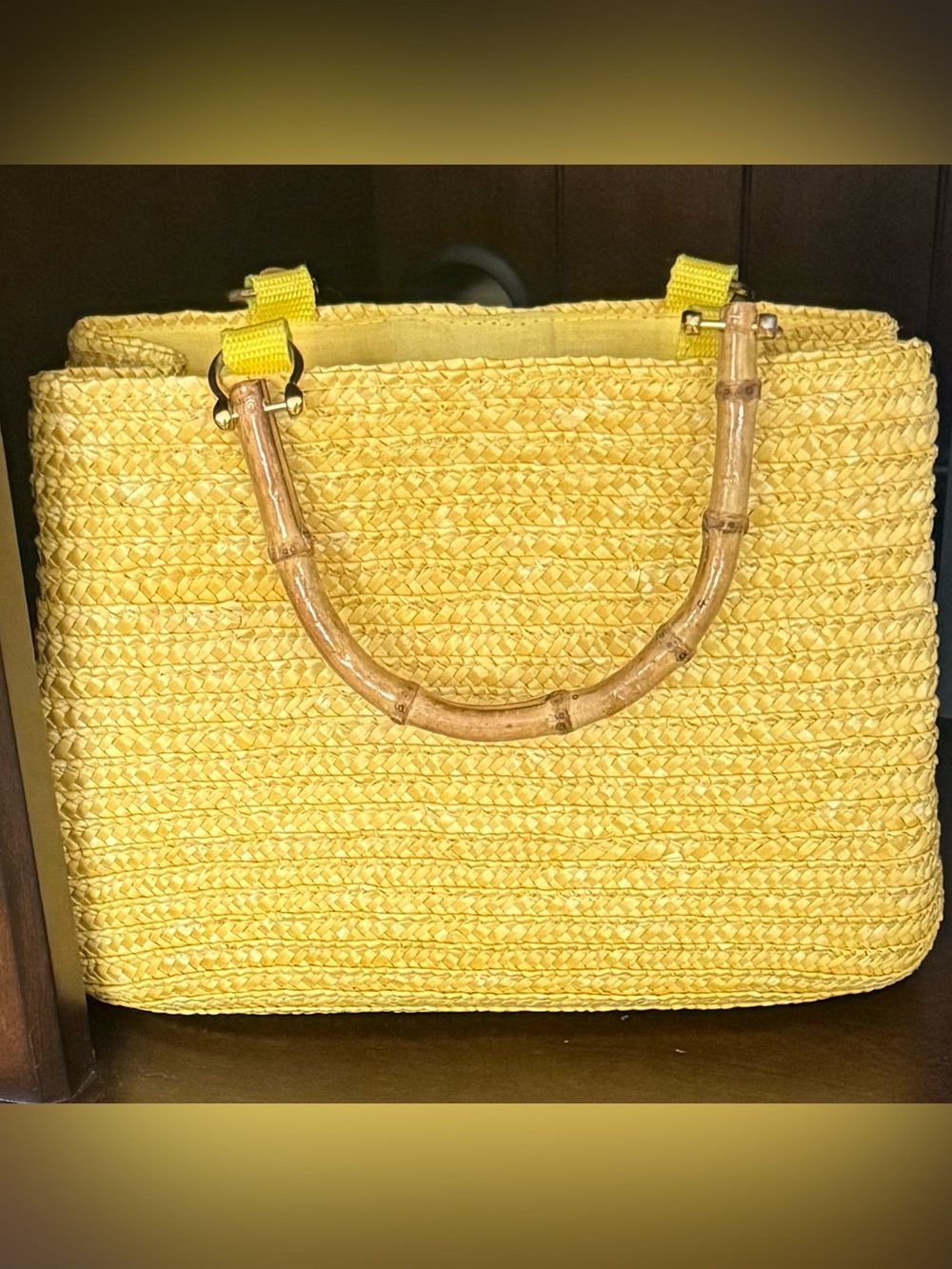 St. John's Bay Yellow Woven Straw Tote Bag Handbag with Bamboo Handles